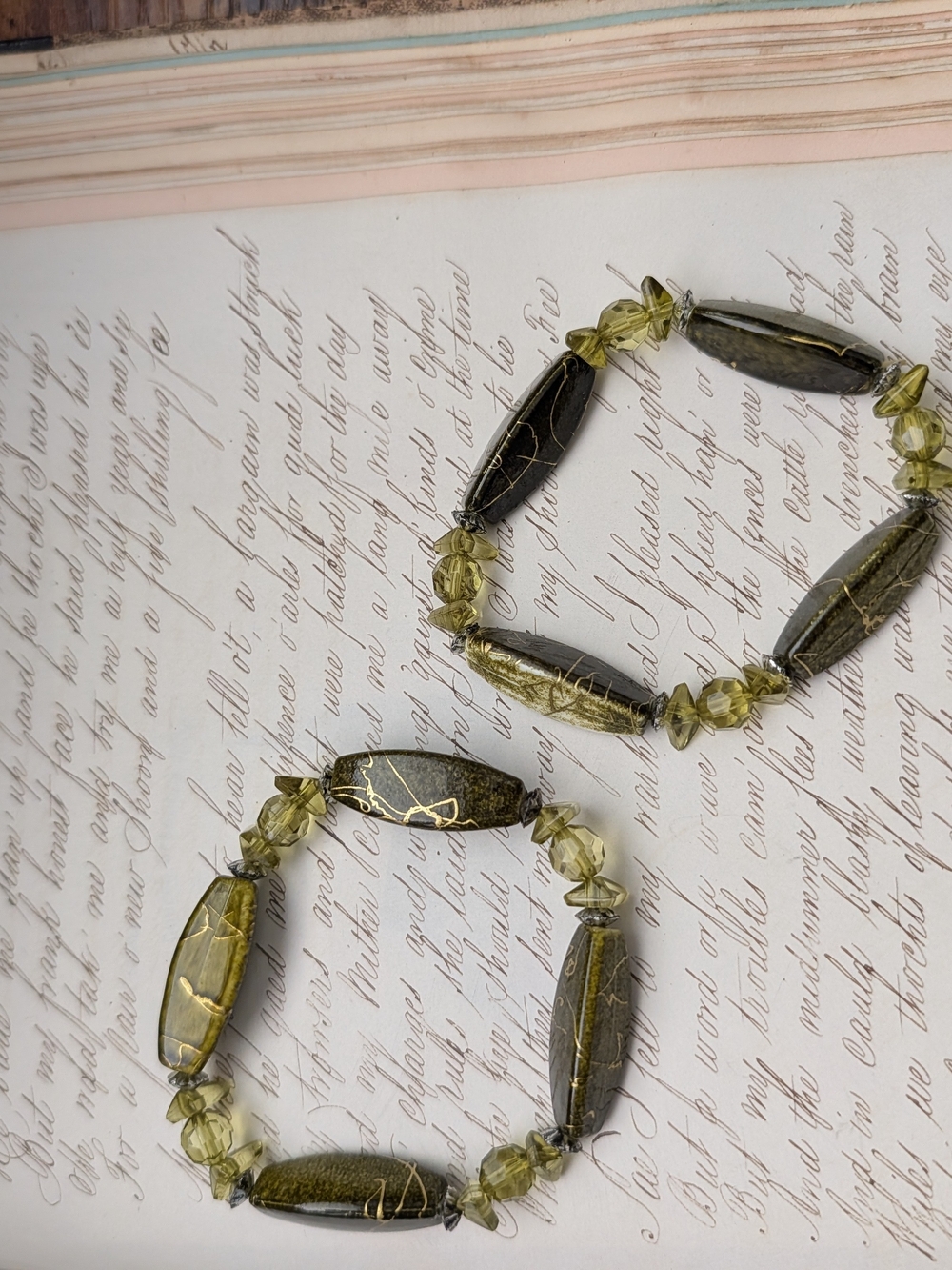 Olive Green Bead Stretch Bracelet Set - Unbranded